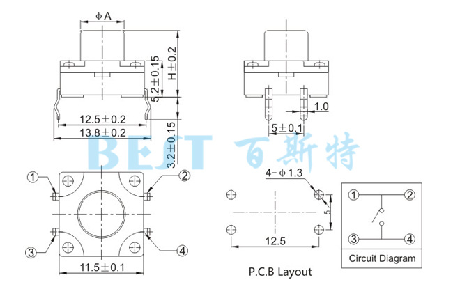 輕觸開關(guān)TS-1103K參考圖紙