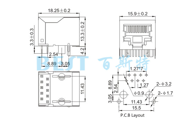 rj45插座56S LED 8P8C規格圖紙