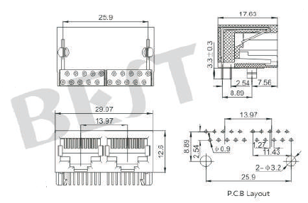 rj45插座5621 10P8C 1X2規格圖紙