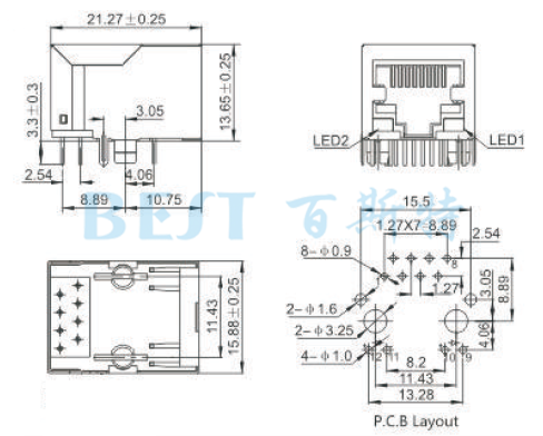 rj45插座5921S LED 8P8C規格圖紙