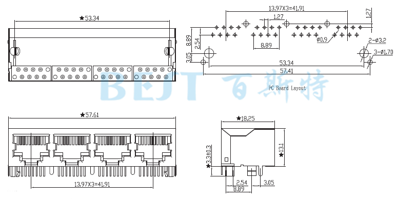 rj45插座5621S 10P8C 1X4規(guī)格圖紙